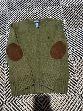 Polo by Ralph Lauren Olive Crewneck Sweater with Brown Elbow Patches